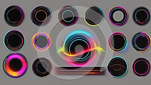 Set of glowing neon color circles round curve shape with wavy dynamic lines isolated on black background technology concept. Circu