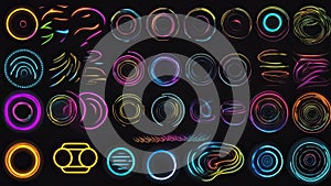 Set of glowing neon color circles round curve shape with wavy dynamic lines isolated on black background technology concept. Circu