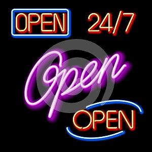 Set of glowing neon OPEN signs