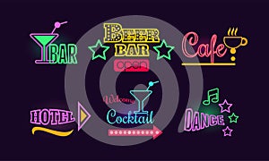 Set of glowing neon signs for beer and cocktail bar, cafe, dance club and hotel. Vector elements for advertising flyer