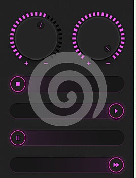 Set of glowing purple buttons and sliders. Neon style. Control user interface. Rubber and metal switches. Adding and decreasing th photo
