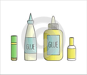 Set of glue icons. Vector colored stationery, writing materials, office or school supplies isolated on white background. Cartoon