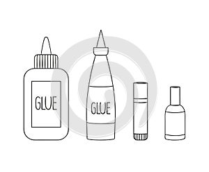 Set of glue line icons. Vector colored stationery, writing materials, office or school supplies isolated on white background.