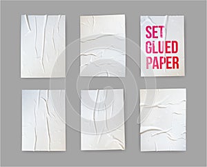 Set of glued paper wrinkled effect. Badly wet glued paper or gray adhesive foil with crumpled and creased wrinkled texture.