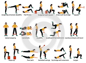 Set of glute exercises and workouts. Flat vector illustration. Glute exercises with titles or names. Woman doing glute  exercises