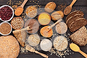 Set of gluten free products including grains, bread and beans