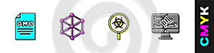 Set GMO, , Biohazard and magnifying glass and Genetic engineering modification icon. Vector