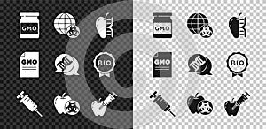 Set GMO, Genetically modified apple, Syringe, and DNA symbol icon. Vector