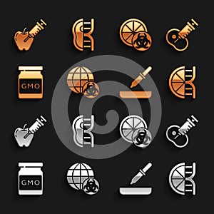 Set GMO, Genetically modified meat, orange, Pipette, apple and icon. Vector