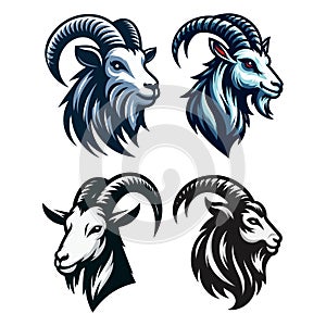 Set of goat head face logo vector illustration, farm pet, animal livestock, for butchery meat shop and dairy milk product,