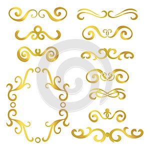 Set of gold abstract curly headers, design element set isolated on white background.