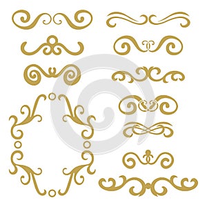 Set of gold abstract curly headers, design element set isolated on white background.