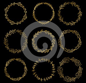 Set of gold award laurel wreaths and branches on dark background, illustration.