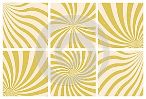 Set of gold background swirls with rays in retro 70's style with grunge texture.Flat style.Vector illustration