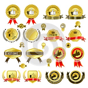 Set of gold badges with ribbon and stickers vector illustration, with tag banner