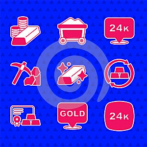 Set Gold bars, 24k, exchange money, with certificate, mining, and coin gold icon. Vector