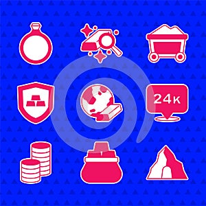 Set Gold bars, Bag of gold, mine, 24k, coin money, with shield, Mine cart and ring icon. Vector