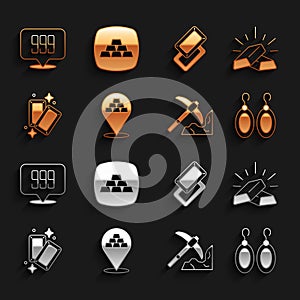 Set Gold bars, Earrings, mining, 24k and icon. Vector photo