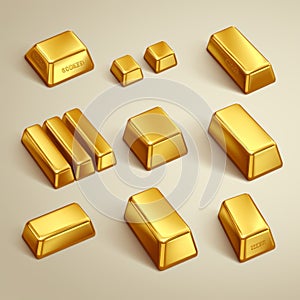 Set of gold bars icon. Financial concept. Gold bullion. Precious metal. 3d render illustration