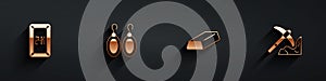 Set Gold bars 24k, Earrings, and mining icon with long shadow. Vector