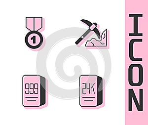 Set Gold bars 24k, medal, and mining icon. Vector photo