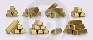 Set of gold bars with shadow in 3d realistic style. Vector illustration