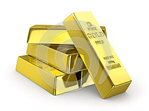 Set of gold bars on white background.