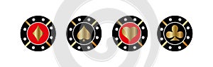 Set of gold and black poker chips, token with suits on white. Diamonds, clubs, hearts, spades. Vector illustration