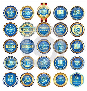 Collection of Gold and blue badges labels laurels shield and metal plates