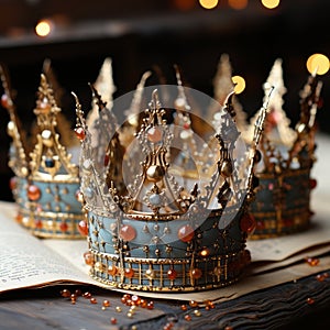 set of gold and blue gem inlaid regal crowns sitting on a table, for a crowning ceremony,