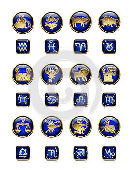 Set of gold and blue icons with zodiac symbols, signs and constellations isolated on white