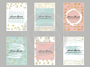 Set of 6 gold, blue, pink and white business card template or gift cards