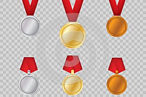 Set of gold, bronze and silver. Award medals isolated on transparent background. Vector illustration of winner concept