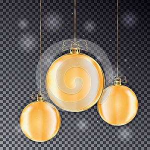 Set of Gold Christmas balls with line bow. Holiday christmas toy for fir tree. Ball with light effe