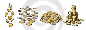 Set of gold coins in different positions. Falling dollars, pile of cash, stack of money. Hand drawn collection isolated