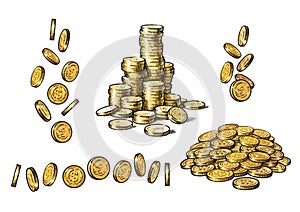 Set of gold coins in different positions in sketch style. Falling dollars, pile of cash, stack of money. Vector.