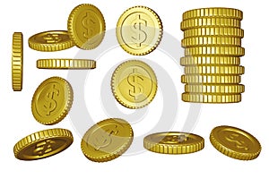 Set of gold coins with dollar sign isolated on a white background. 3d rendering