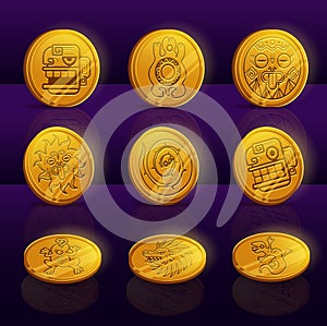 Set of gold coins Mayan or Aztec tribal animals