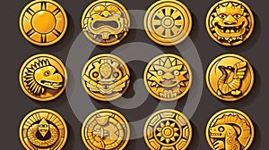 A set of gold coins with Mayan or Aztec tribal animals and idols. Ui game assets, Mexican mesoamerican ethnic money