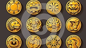 A set of gold coins with Mayan or Aztec tribal animals and idols. Ui game assets, Mexican mesoamerican ethnic money photo