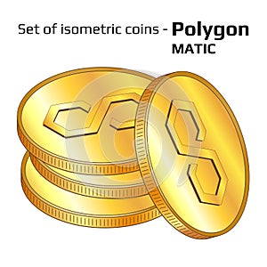 Set of gold coins in stack Polygon MATIC in isometric view isolated on white.