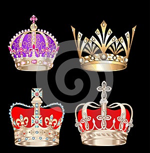 Set gold crowns on black background photo