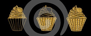 Set of a gold cupcake isolated on black background for postcard, logo