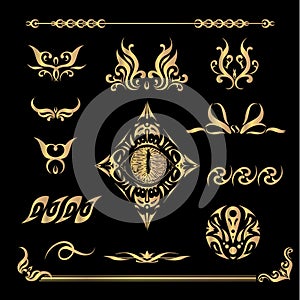 Set of gold decorative elements for the frame, engraved pattern. Vintage frame template, a set of isolated vectors. Gold on a