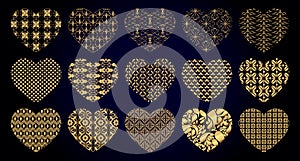 Set of gold decorative hearts for Valentine`s day cards and wedding decor, vector illustration