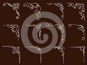 Set Of Gold Decorative Vector Corner Frames Isolated On A Black Background.