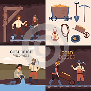 Set of gold digger scenes, prospector men mining and panning for gold - flat vector illustration.