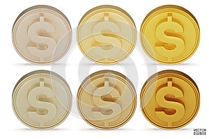 Set of gold Dollar coins isolated on a white background. 3d realistic coins. Golden coin icons. Dollar coin sign. 3D vector