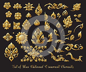 Set of gold elements of traditional Thai ornament. Stock illustration.