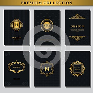 Set of gold emblems. Collection of design elements, labels, icon, frames, for packaging, design of luxury products. Logo design fo